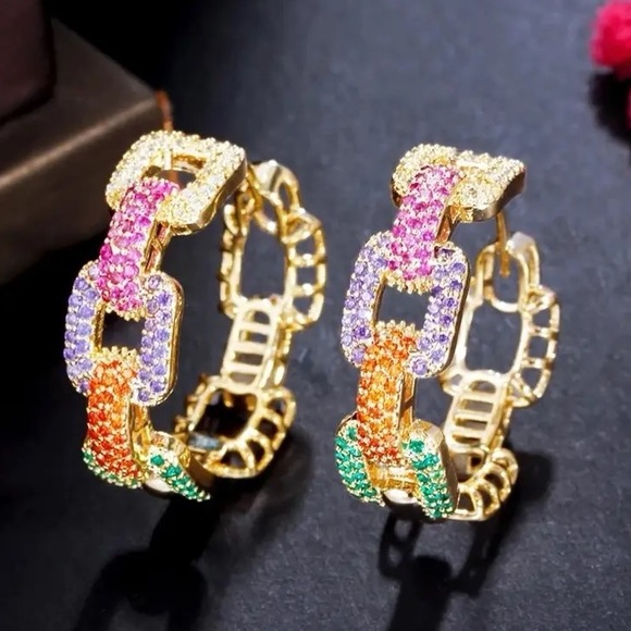 Multi Colored CZ Chain Link Gold Hoop Earrings - Picture 1 of 6